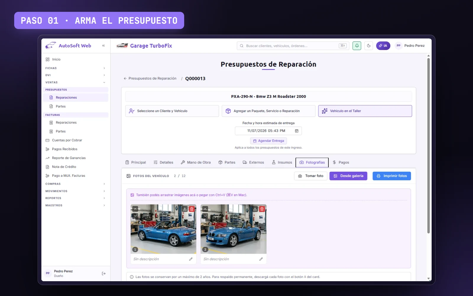 Demo: presupuesto con fotos, firma del cliente en su celular, orden para el técnico sin precios y la factura con las mismas líneas.