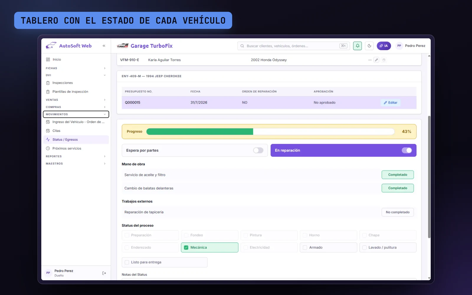 Demo: el estado de cada vehículo, el aviso «Listo para entrega» y la fecha prometida.