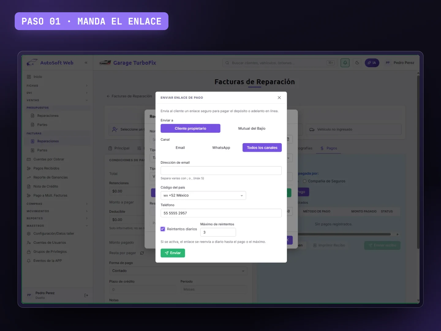 Demo: enlace de pago enviado al cliente, pago desde su celular y la factura pagada con su recibo.