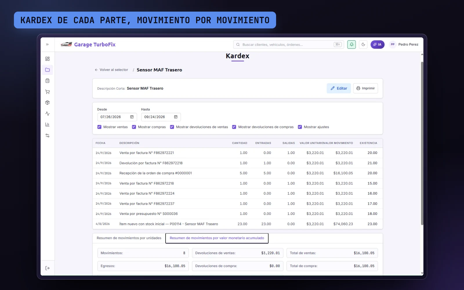 Demo: kardex de una parte, movimiento por movimiento.