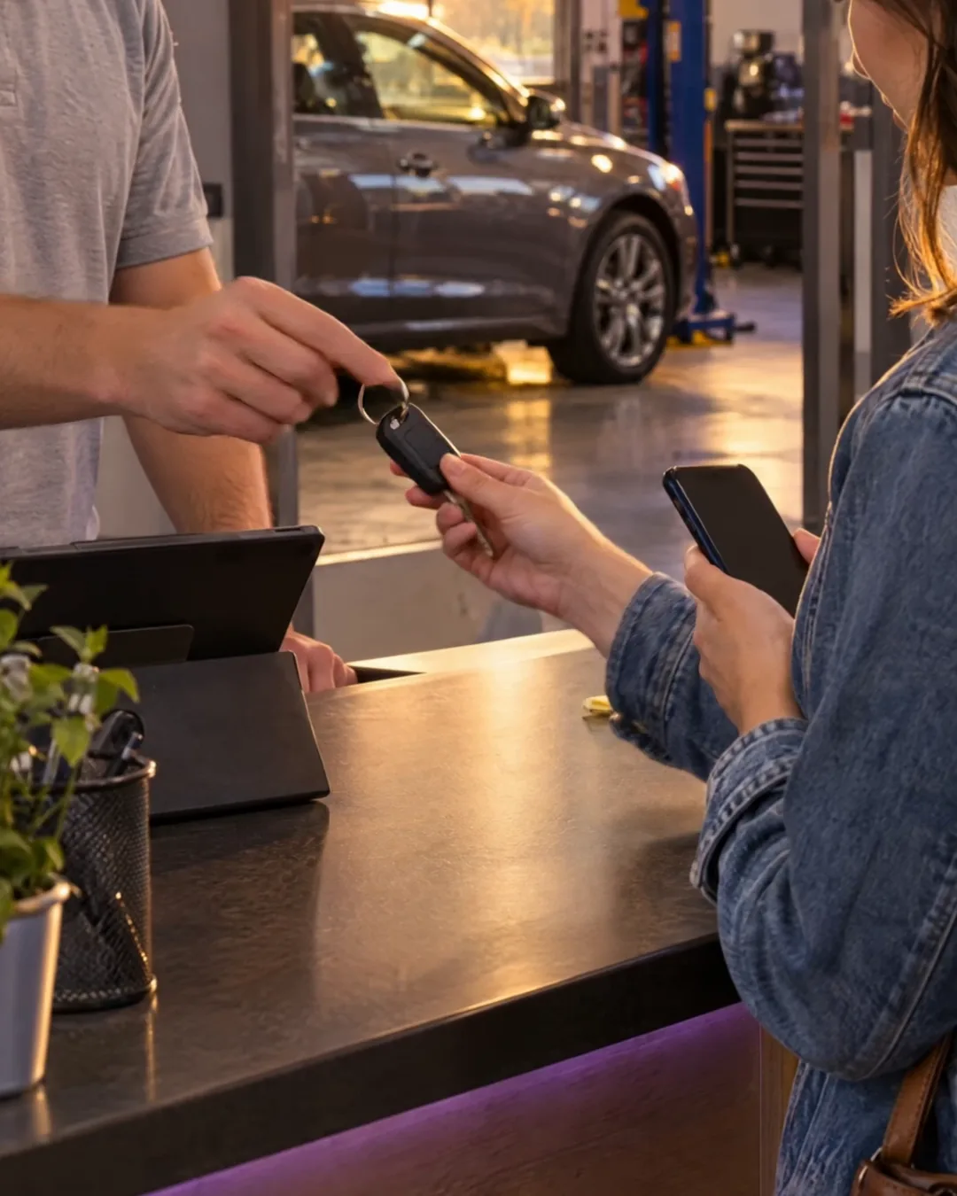 Entrega del vehículo en el mostrador: la clienta recibe la llave y mira su teléfono.