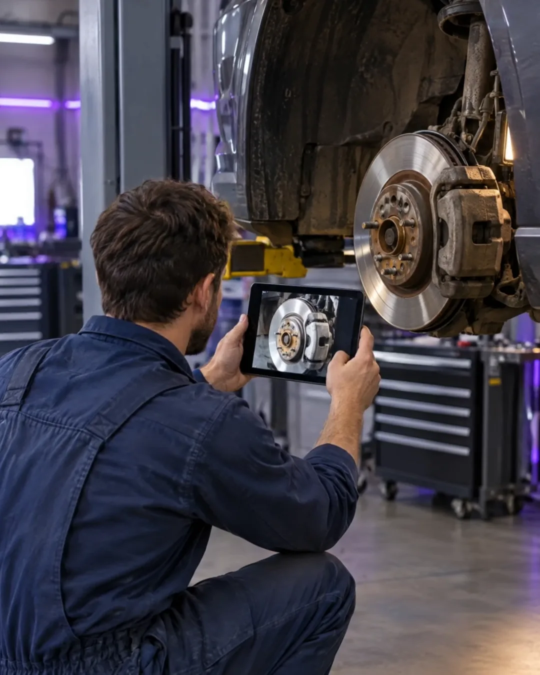 Técnico fotografiando el disco de freno con una tableta.